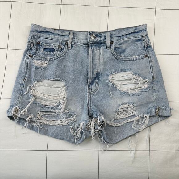 American Eagle Shorts Womens 4 Blue Light Wash Distressed Destroyed Button Fly - Picture 1 of 11